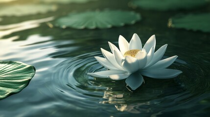 White Lotus Flower on Calm Pond Water with Green Leaves and Soft Sunlight