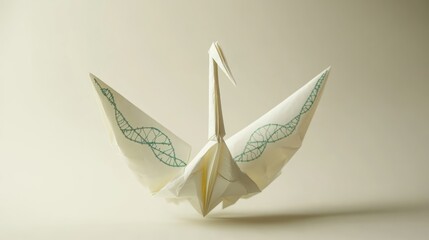 White Origami Crane with Green Design on Off White Background