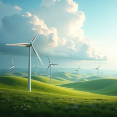 Wind turbines in a scenic landscape with green hills and a cloudy sky.