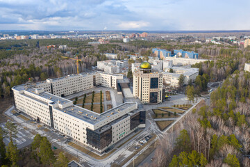 Aerial view of Novosibirsk State University and the construction of its new buildings, in spring