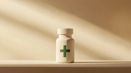 White Pill Bottle with Green Cross on Beige Background