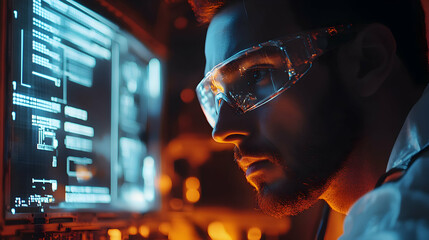 Focused engineer with protective eyewear analyzes intricate data streams on modern display