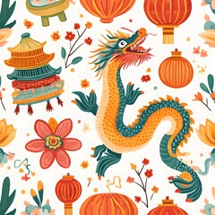 Obraz premium A seamless pattern of traditional Chinese motifs, including dragons, lanterns, and cherry blossoms.