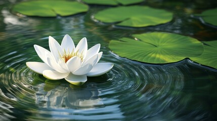 White Water Lily Blooming in a Serene Pond with Green Leaves