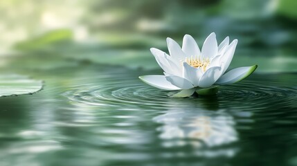White Water Lily Floating on Calm Green Water