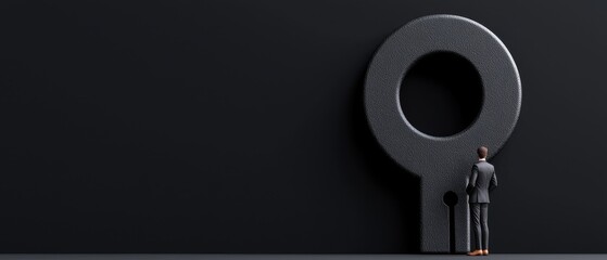 A businessman standing before a large keyhole symbolizing opportunity and potential.