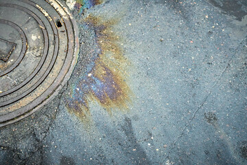 Pollution Visible on a City Street Near a Manhole Cover With Oil Slick and Discoloration From a Recent Rain