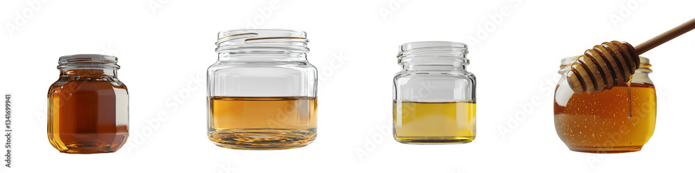 Poster An image created by Generative Ai shows a glass jar with golden honey isolated against a transparent background