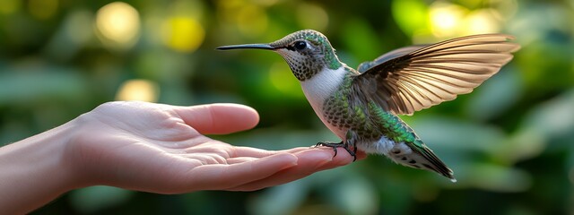 Fototapeta premium Captivating Hummingbird Perched on Outstretched Hand in Lush Environment