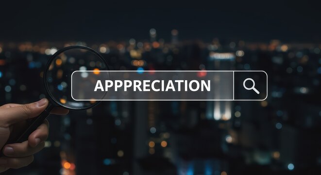 Magnifying glass highlights 'APPRECIATION' in a digital search bar, emphasizing visibility, relevance, and meaningful connections.