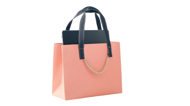 Peach colored shopping bag containing a laptop on black background - Powered by Adobe