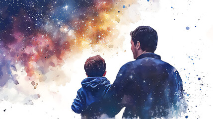 Fototapeta premium Heartfelt watercolor image of a father and son lost in stargazing