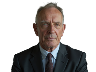 Professional man in suit showing confidence and determination in neutral setting