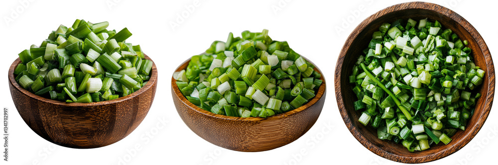 Poster A transparent background isolates a wooden bowl filled with freshly chopped green onions, an image generated using Generative Ai