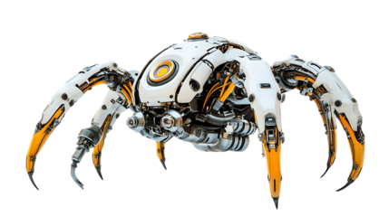 Advanced robotic spider with white plating and yellow accents