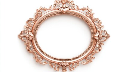 A rose gold ornate frame featuring delicate floral etchings and an oval shape, isolated on a white background