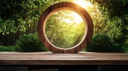 Wooden Tunnel View with Circular Opening - Serene nature scene, wooden frame, green foliage, sunlight, peaceful atmosphere. Symbolizes tranquility, nature's beauty, new beginnings