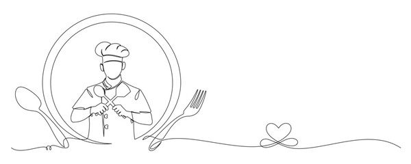 chef with cutlery continuous line art style 1
