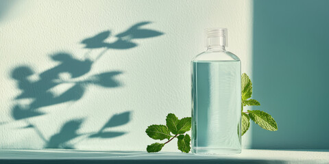 Plastic mockup pack bottle with mouthwash colored liquid, dental health and fresh breath product, mint leaves, refreshing mouthwash