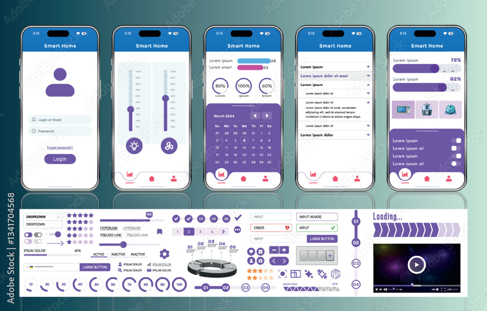 Poster a set of ui ux elements for smart home management mobile apps: an interface with buttons, panels, gr