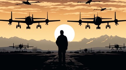 Silhouette of a soldier controlling drones for military operations and surveillance missions