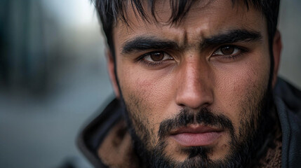 Fototapeta premium Closeup portrait of a young man with a serious expression brown eyes face male gaze look skin beard