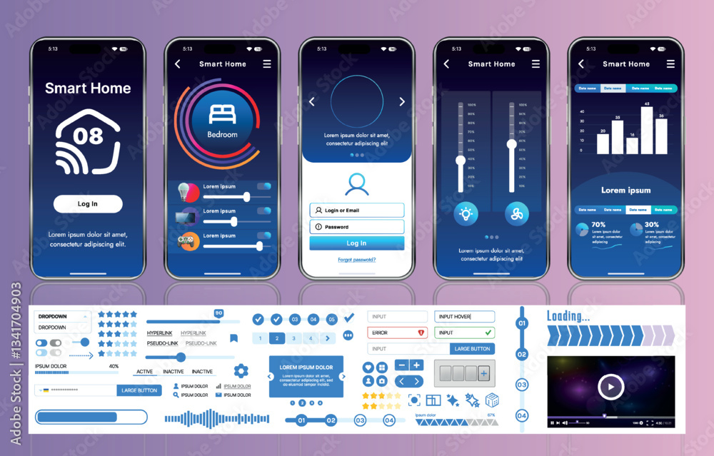 Poster a set of ui ux elements for smart home management mobile apps: an interface with buttons, panels, gr