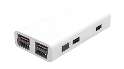 A white power bank with multiple ports for charging devices