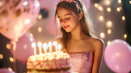 Teen girl celebrating 16th birthday with cake candles
