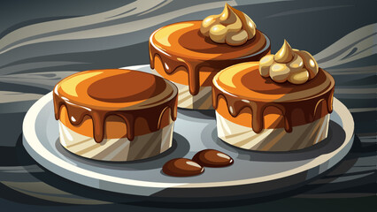 Caramel Cheesecakes, a stylish photo of elegant cheesecakes on a grey surface, in studio lighting, chocolate glaze of top