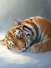 Naklejka premium Siberian Tiger Winter Slumber - A majestic Siberian tiger rests peacefully in the snow, symbolizing tranquility, power, wild beauty, winter serenity, and the cycle of nature