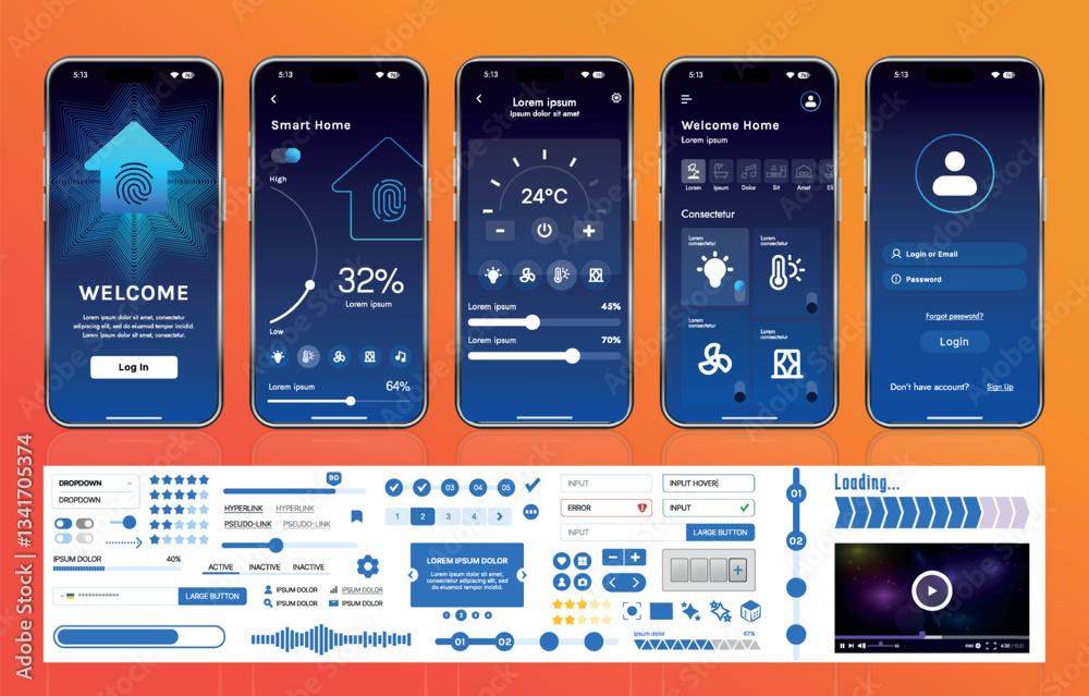 Fototapete A set of UI UX elements for smart home management mobile apps: an interface with buttons, panels, graphs, and navigation for monitoring and controlling automation systems.