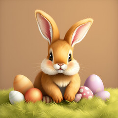 brown easter bunny with easter eggs on brown background with copy space