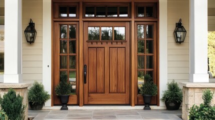 Elegant wooden front door design modern home entrance photograph suburban neighborhood eye-level perspective home aesthetics