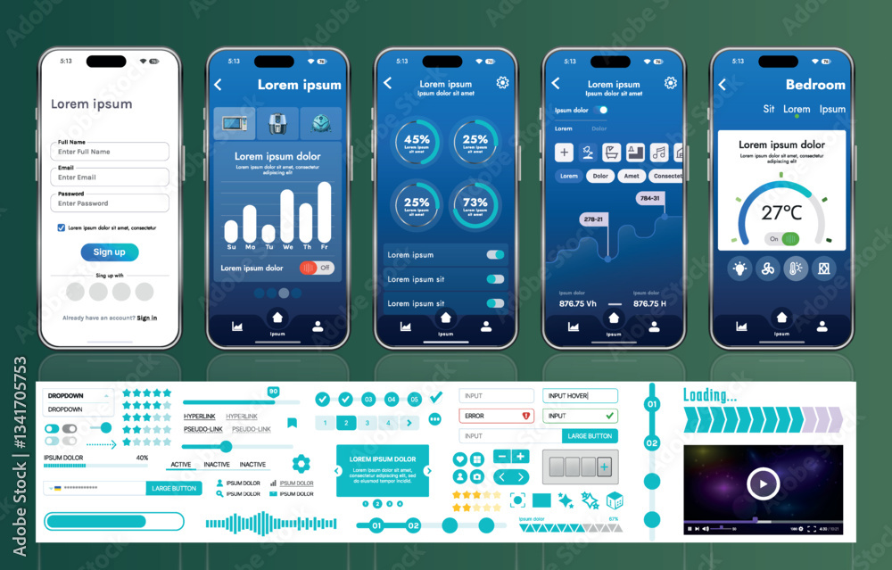 Poster a set of ui ux elements for smart home management mobile apps: an interface with buttons, panels, gr