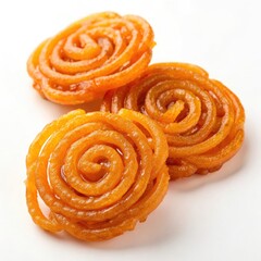 Fototapeta premium Golden Jalebi Swirls, A Delightful Treat Of Sweet, Crispy Spirals, A Tempting Culinary Delight On A Bright White Background
