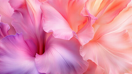 Fototapeta premium An abstract macro showcasing delicate pink petals transitioning into peach hues, highlighted by soft edges and elegant curls.