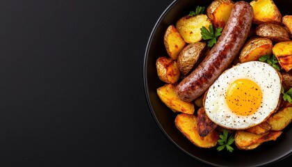 A delicious breakfast plate featuring sausage, potatoes, and a fried egg.