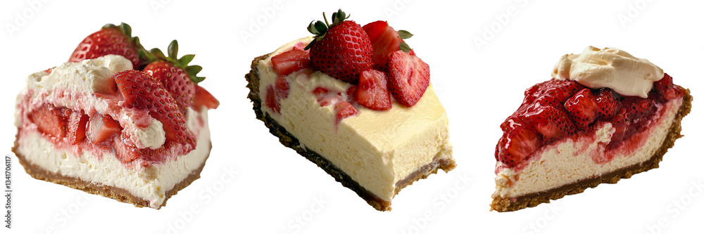 Poster A transparent background provides the setting for a slice of cheesecake accompanied by a red strawberry topping, courtesy of Generative Ai