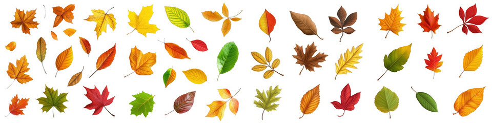 Obraz premium A collection of colorful autumn leaves in various shapes and sizes, showcasing vibrant hues of yellow, orange, red, and green.