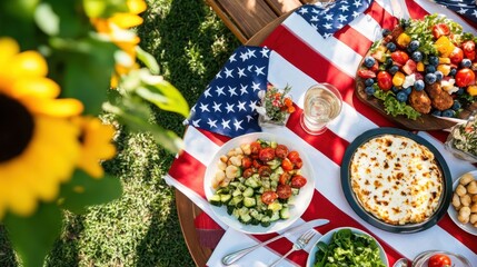Patriotic Memorial Day Celebration with Family - Outdoor Picnic on American Flag Tablecloth