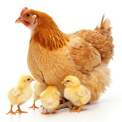 A Warm, Golden Hen Protectively Gathers Her Fluffy Yellow Chicks Under Her Wings, A Scene Of Maternal Love And New Life Against A Bright White Background