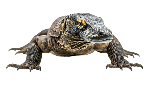 A komodo dragon faces forward in a full body portrait