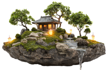 Tiny floating garden island with bonsai trees, glowing lanterns, and trickling water fountains, isolated on white