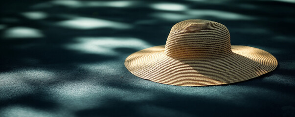 Wide-brimmed straw hat on sunlit ground with nature shadows