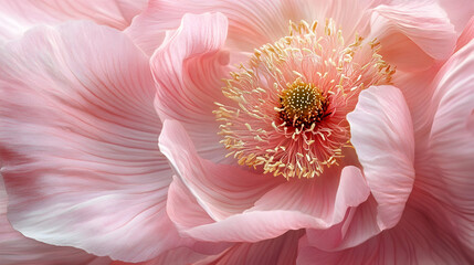 A delicate pink flower in full bloom, with a feathery central stamen of pale yellow and soft sunlight accentuating the pastel textures of its petals.