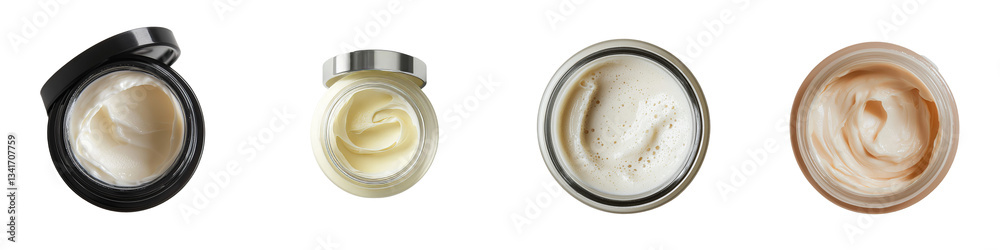 Poster an open cosmetic jar containing white creamy lotion is isolated against a transparent background, pr