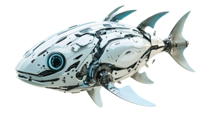 Detailed white robotic fish with visible mechanical components swims forward