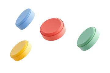 Assorted pharmaceutical pills in vibrant colors, levitating at different angles, isolated on a white background