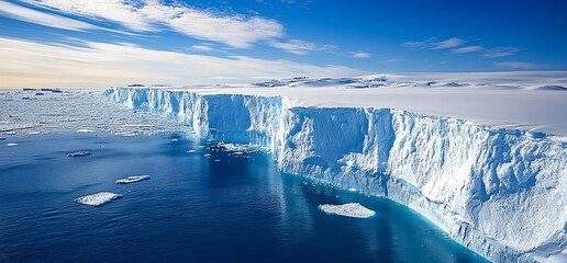 Breathtaking aerial view of a massive ice wall in Antarctica under blue sky